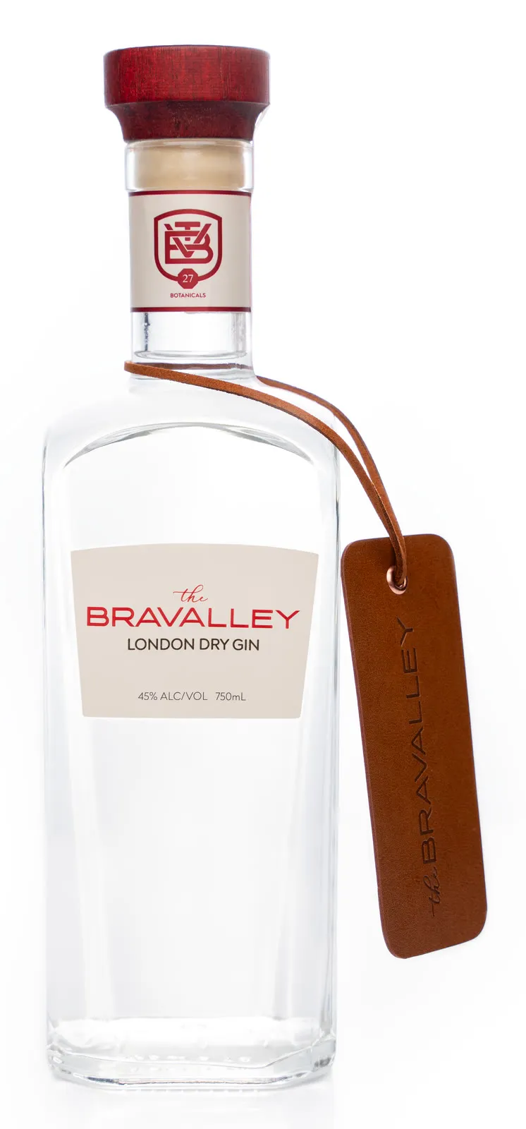 Garrafa do The Bravalley London Dry Gin com a tag de couro