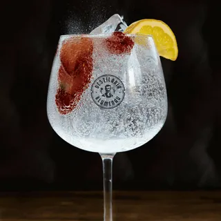 Gin tônica servido numa taça de borda larga